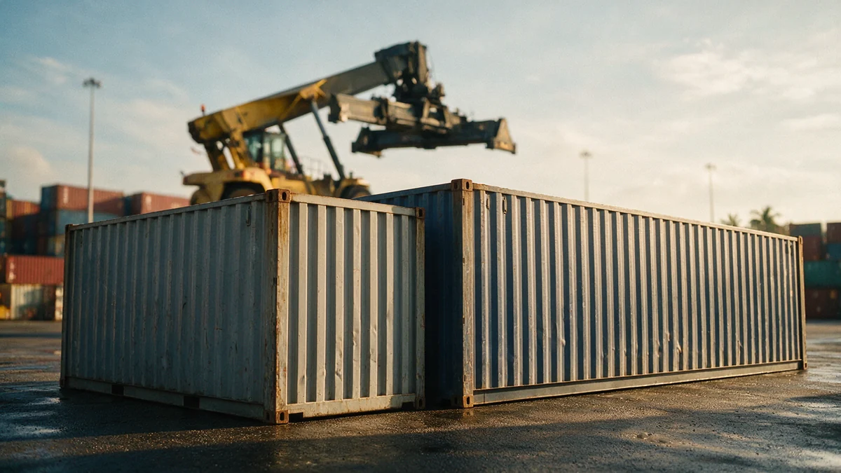 A 20-foot shipping container standing beside a 40-foot container in a Port Klang container yard, the size difference visible in one frame