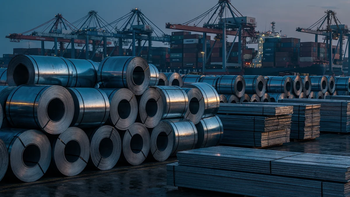 Stacked rolled steel coils and galvanised steel sheets on the quayside of a Malaysian container port at blue hour