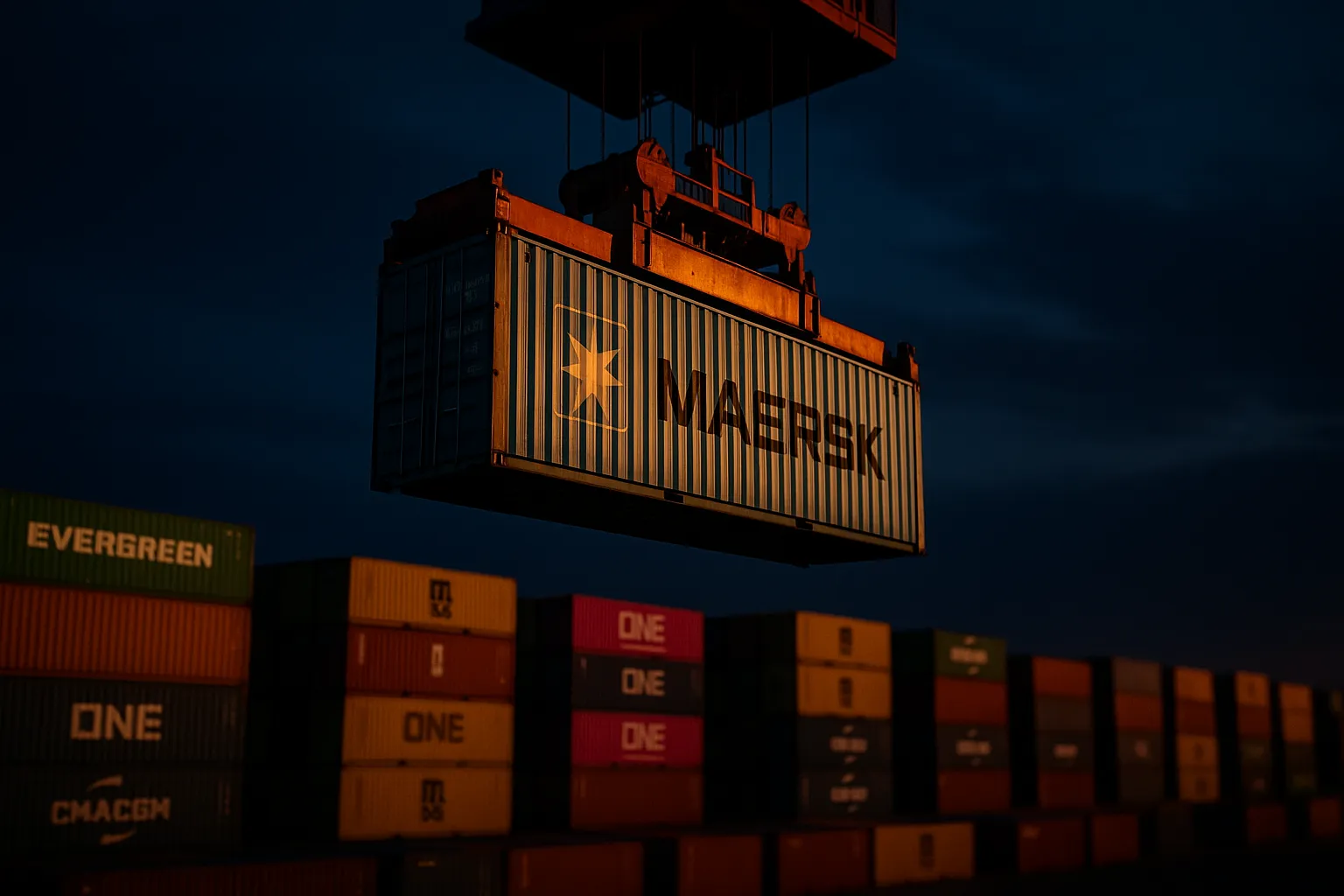 A blue shipping container suspended on a gantry crane against a golden sky over a vast container terminal