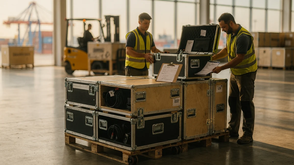 Logistics staff in hi-vis vests inspecting reinforced flight cases and wooden crates of professional equipment on a pallet at a port-side customs staging area, with a forklift and gantry cranes behind