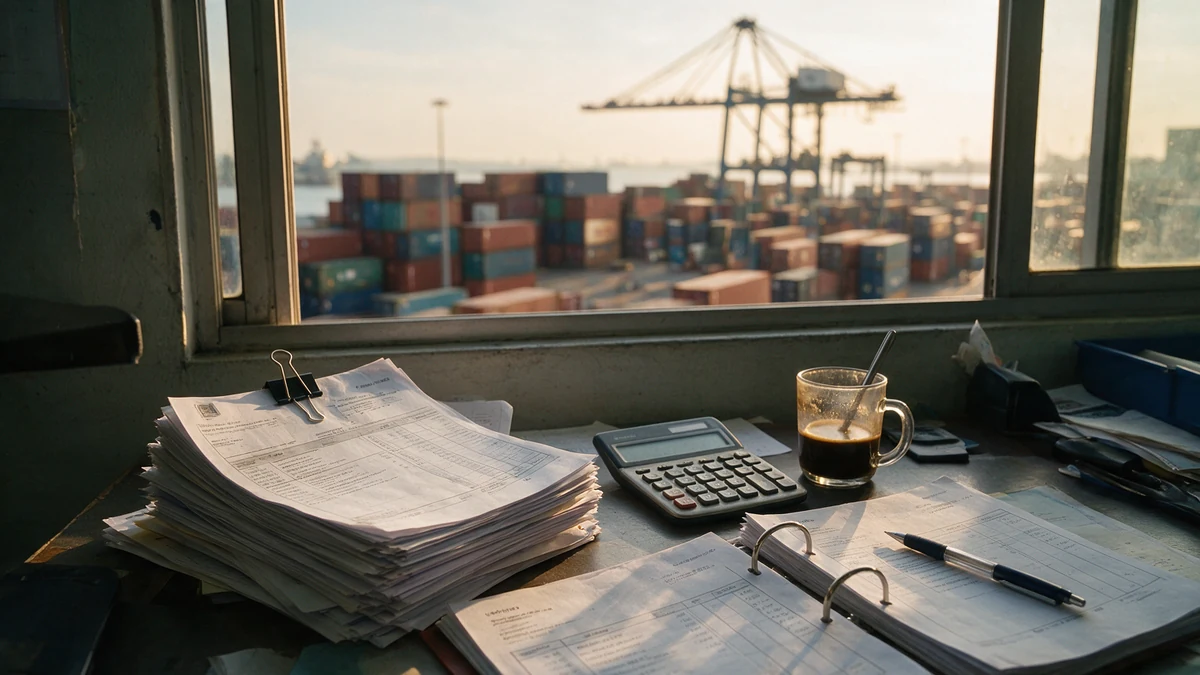 Import declaration paperwork, a calculator and a glass of kopi on a freight forwarder's desk, with stacked containers and a gantry crane at Port Klang through the window behind