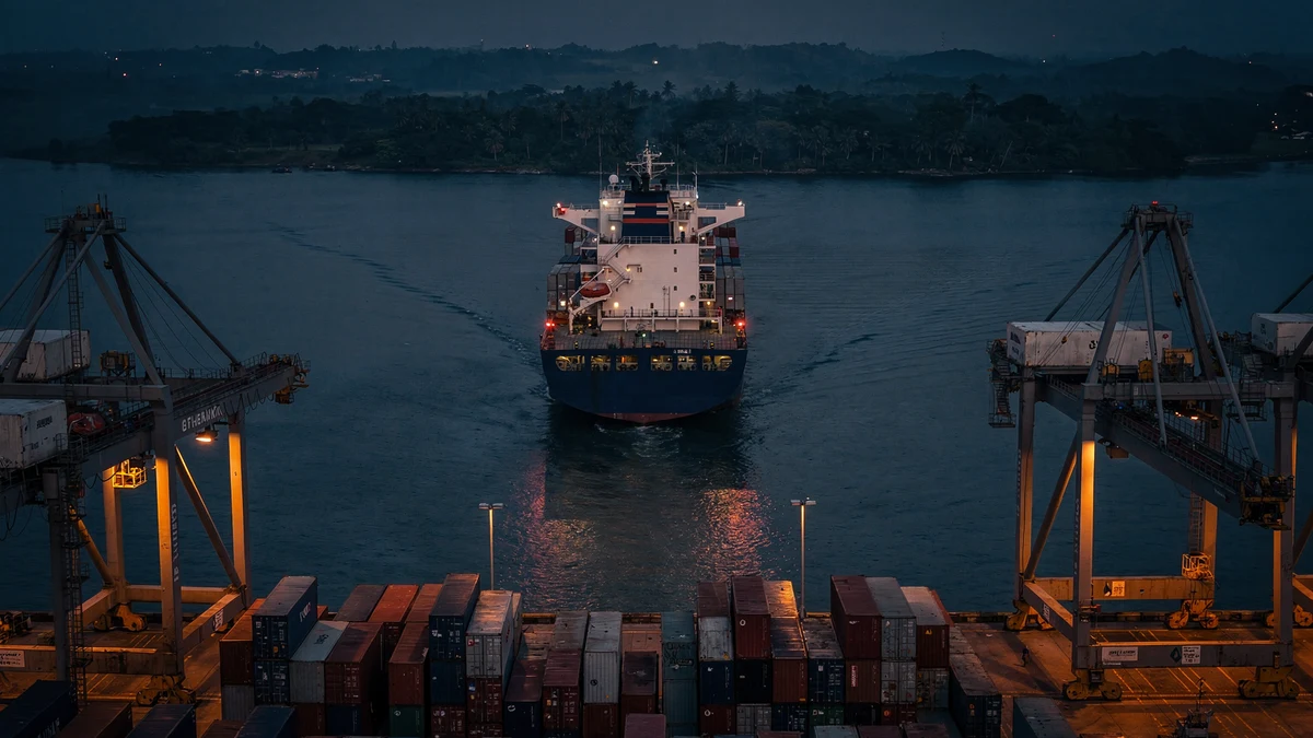 Container ship departing a Malaysian port at dusk, representing coastal shipping routes affected by cabotage policy