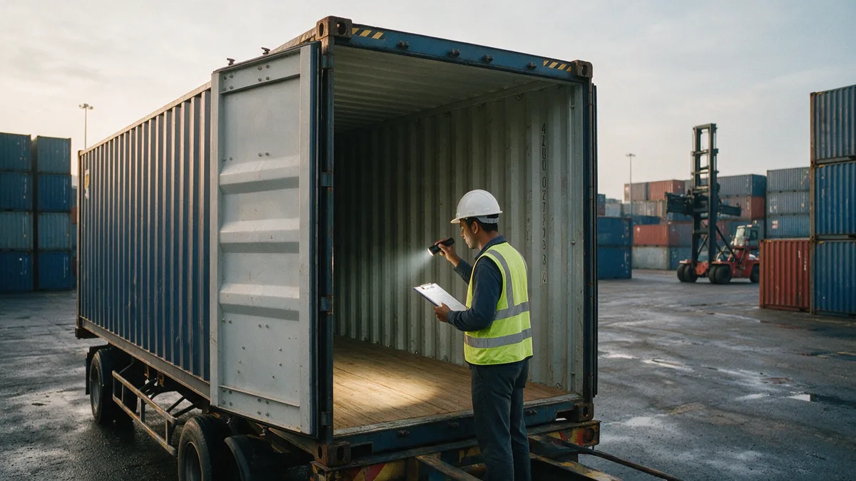 A depot surveyor in a hard hat and high-visibility vest shines a torch into an empty shipping container on a trailer at a container depot, checking the floor with a clipboard in hand