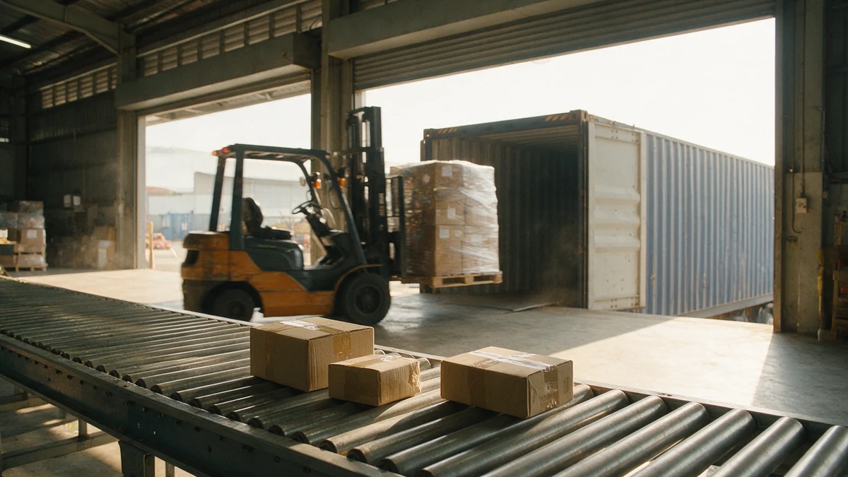 Three small courier parcels on a roller conveyor in the foreground while a forklift loads a shrink-wrapped pallet into a forty-foot container behind, in a freight warehouse near Port Klang
