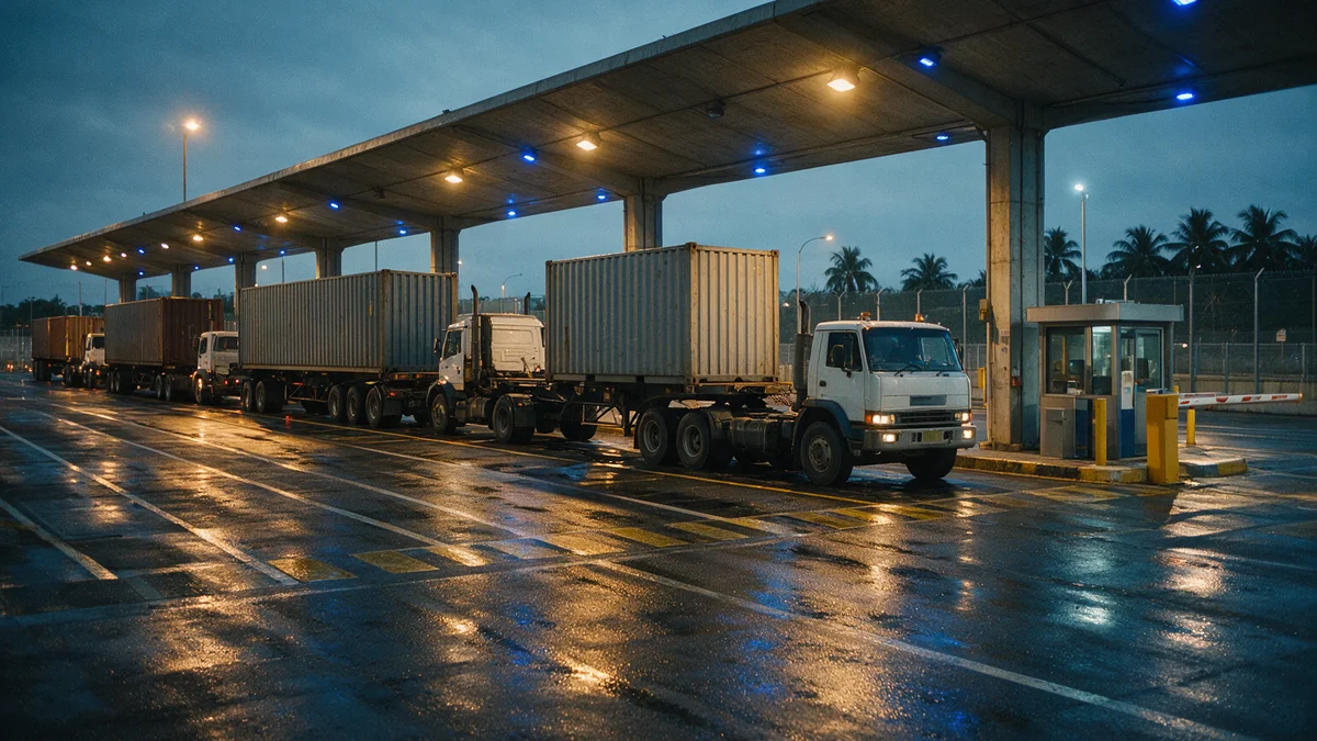 Container lorries queuing at a Malaysia-Singapore land checkpoint at dusk, seen from the roadside