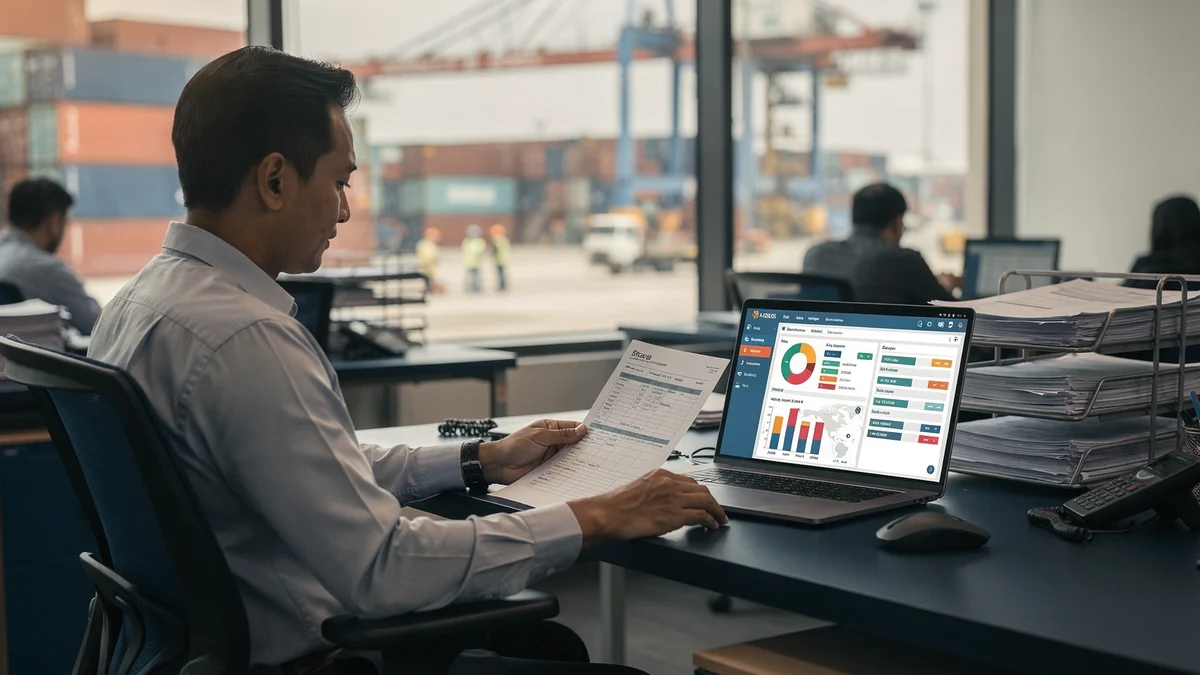 A Malaysian freight forwarding and customs agent at a desk reviewing import declaration documents on a laptop, with Port Klang container stacks and a gantry crane visible through the office window