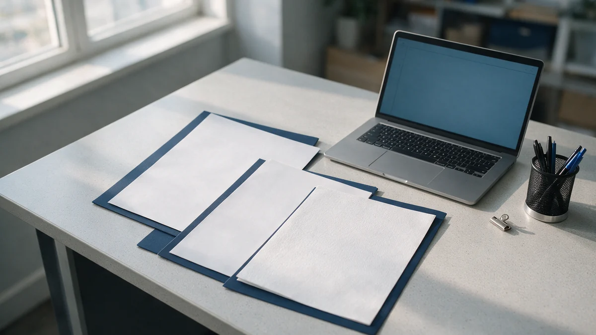 Document folders and paperwork laid out on a desk beside a laptop in an office