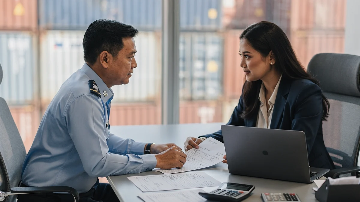 A customs officer and an importer reviewing an import invoice and shipping documents to verify the declared customs value at Port Klang