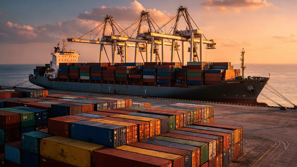 Stacked shipping containers at a Malaysian port with import-duty refund paperwork, representing duty drawback claims under the Customs Act 1967.