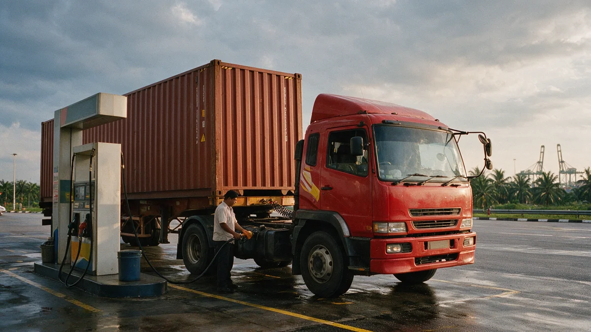 A driver refuels a red prime mover hauling a shipping container at a diesel pump, with oil palms and port cranes on the horizon