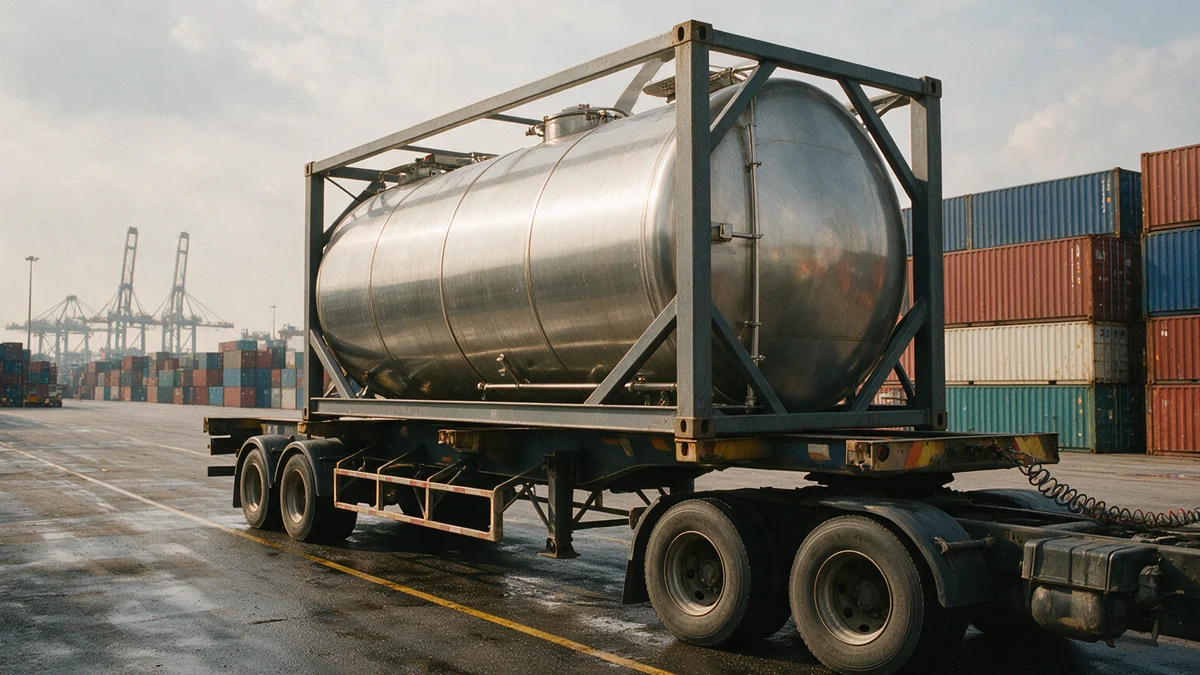 A stainless-steel ISO tank container in its 20-foot frame, loaded on a haulage trailer at a container terminal with stacked dry containers behind it