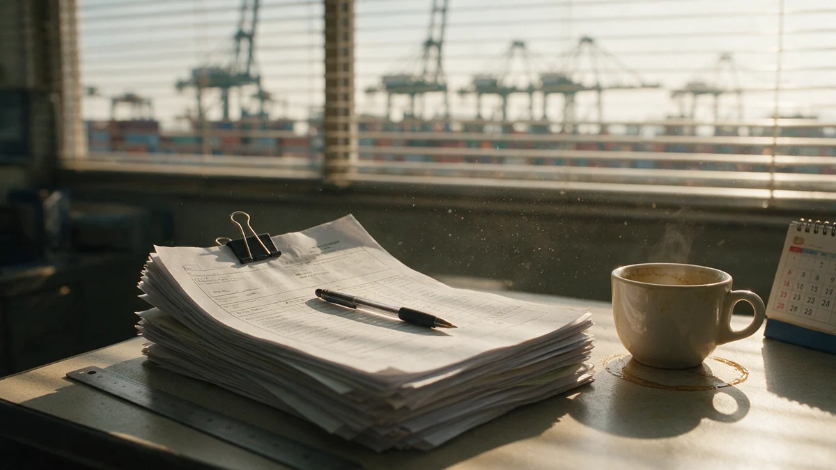 A clipped stack of shipping paperwork and a pen on a Port Klang forwarding office desk, container gantries visible through the blinds
