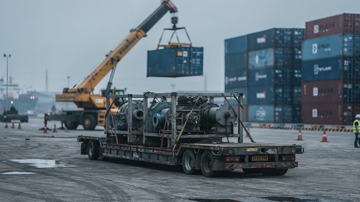 Industrial machinery crated on a flatbed trailer beside stacked shipping containers at a Malaysian port