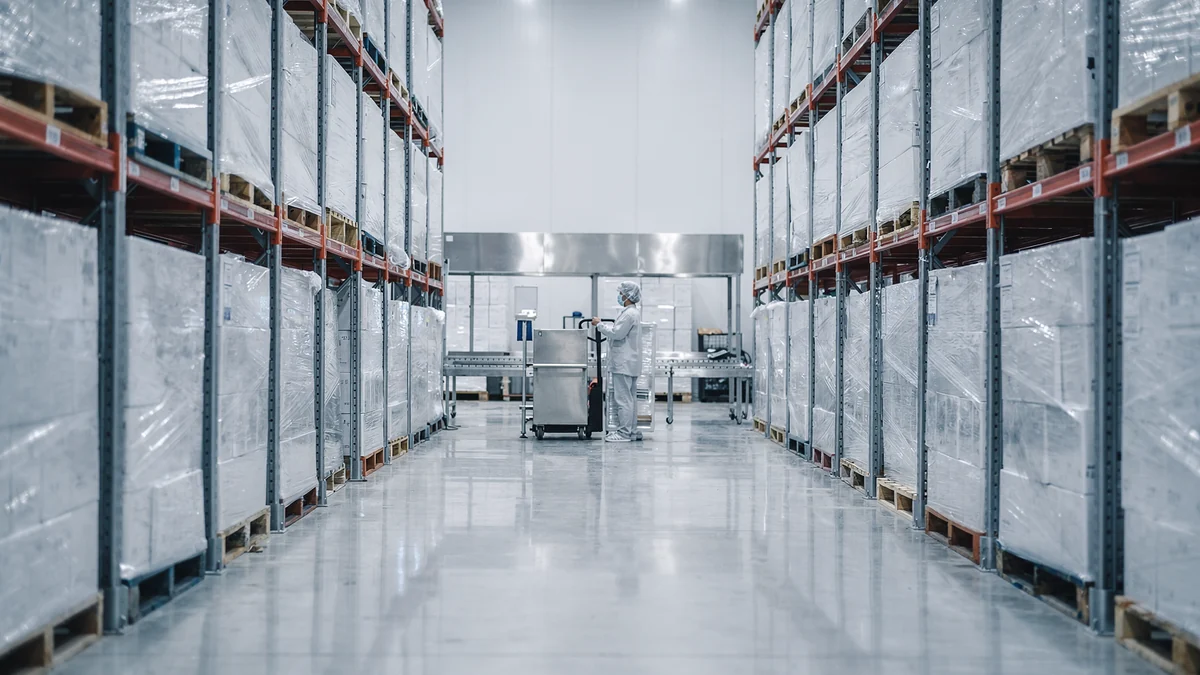 Clean food-grade distribution warehouse in Malaysia with shrink-wrapped palletised cargo on racking and a worker in hygienic uniform operating a pallet jack