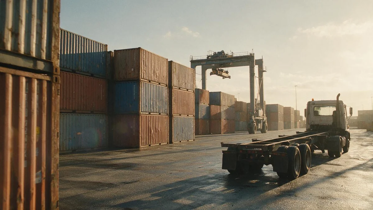 An empty container chassis waiting beside stacked import containers in a container terminal yard at dusk