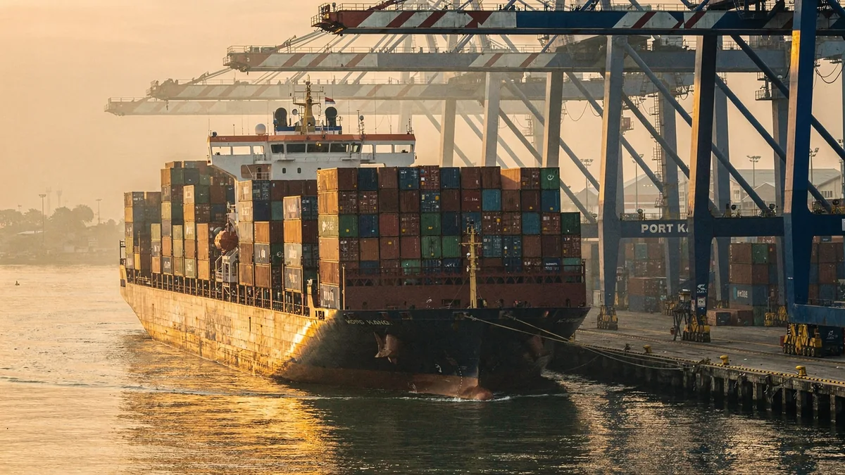 A container ship loaded with cargo arriving at a Port Klang container terminal on the Vietnam-to-Malaysia trade lane, with gantry cranes and stacked containers.