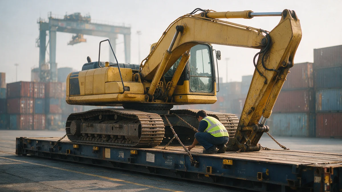 A used excavator chained to a flat-rack container at a Malaysian port terminal while a worker in a hi-vis vest checks the lashing