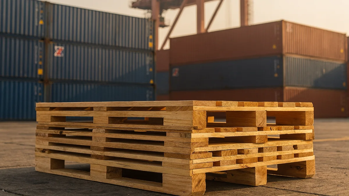 Stack of heat-treated wooden shipping pallets bearing the IPPC compliance stamp at a Port Klang container yard