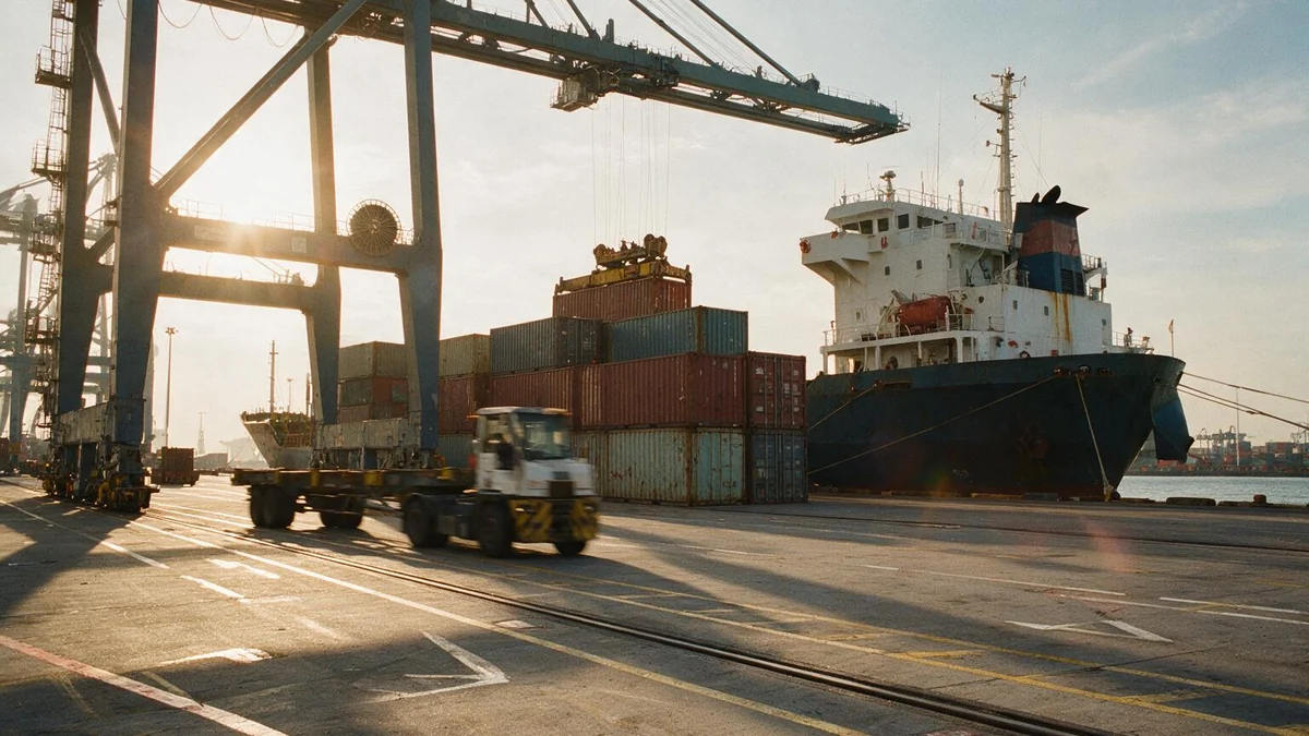 A container ship loading containers at a Malaysian port terminal, with a gantry crane and terminal tractor alongside