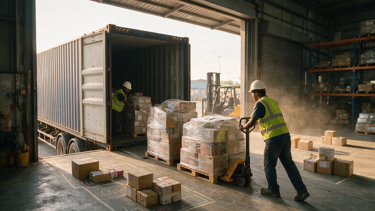 Warehouse workers unstuffing pallets from a shipping container at a Port Klang container freight station