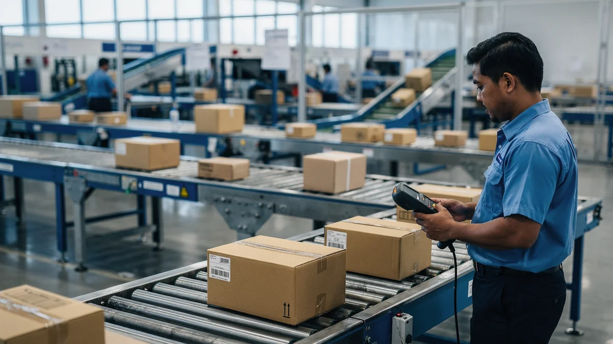 A courier sorting small e-commerce parcels and packages at a Port Klang air-courier clearance hub, with conveyor belts and scanned cartons ready for customs release into Malaysia.