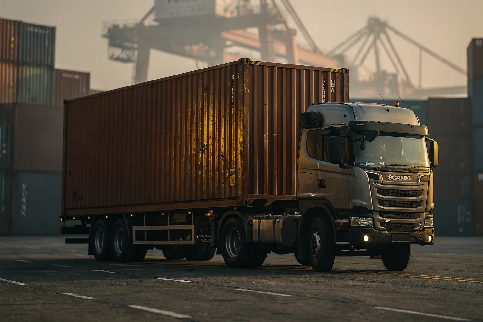 Open-platform semi-trailer carrying a shipping container at Port Klang