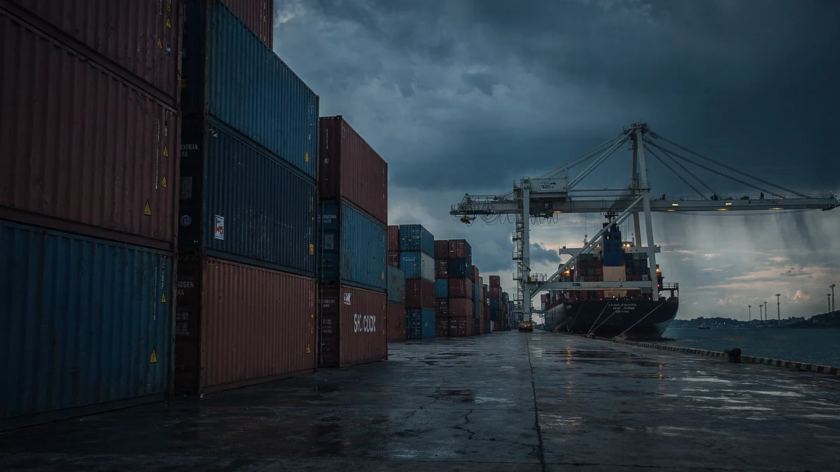 Stacked shipping containers under a darkening sky at Port Klang, illustrating the transit risks that marine cargo insurance protects against
