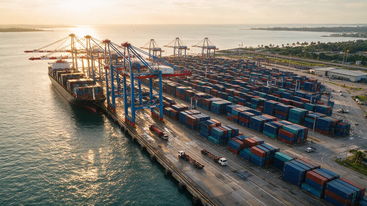 Aerial view of a container terminal at golden hour, with ship-to-shore gantry cranes working a berthed container vessel and prime movers moving chassis along the quay beside stacked containers