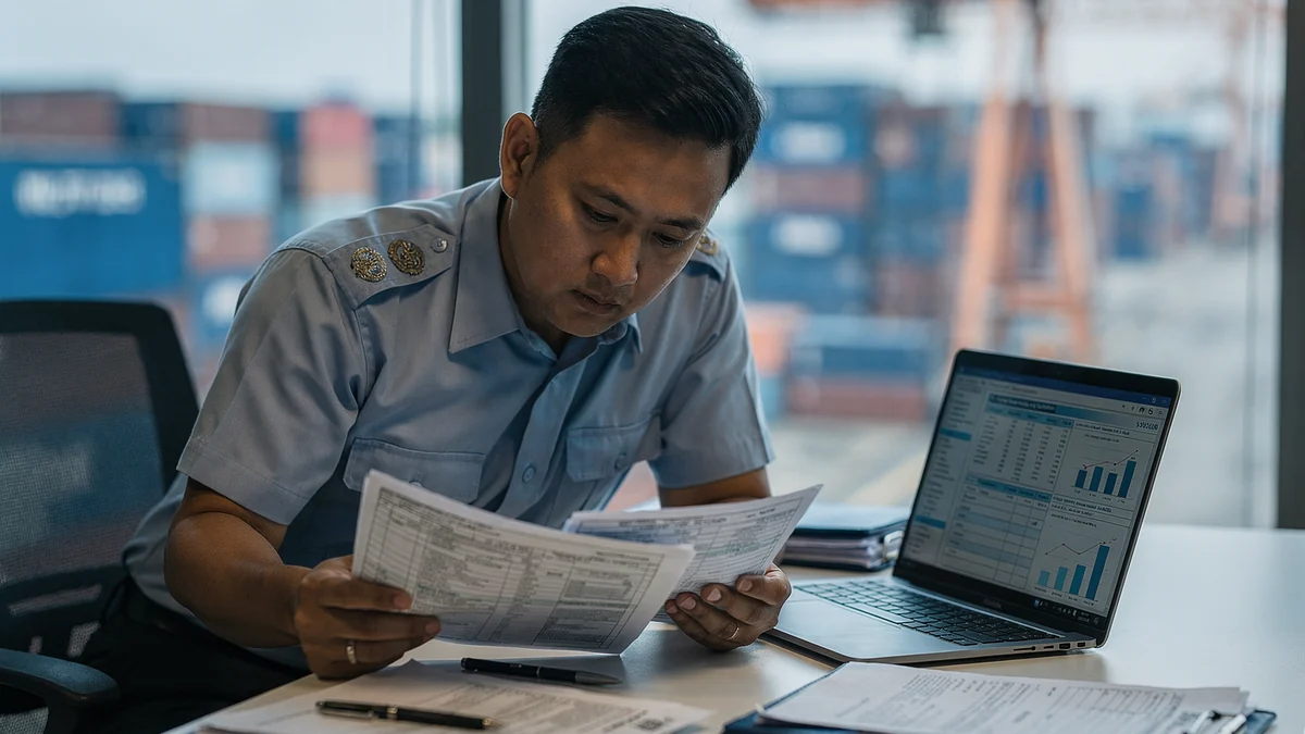 A Malaysian customs compliance officer reviewing stacked import declaration documents and shipping data on a laptop during a post-clearance audit, with port containers visible behind.