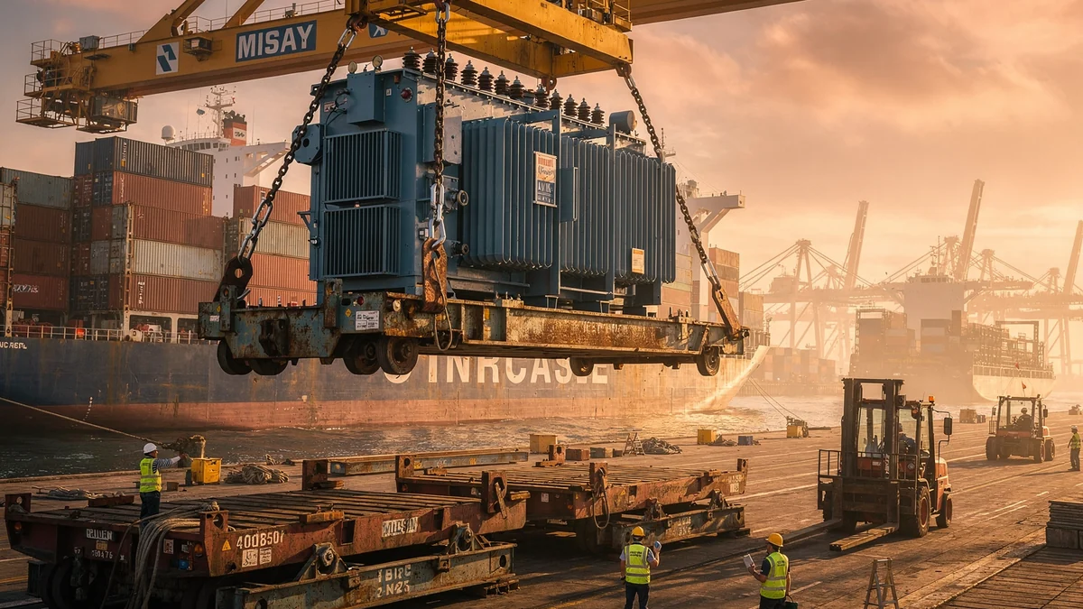 A large blue industrial transformer secured on a 40-foot flat-rack being lifted by a yellow gantry crane at Port Klang, with breakbulk machinery on the quay below