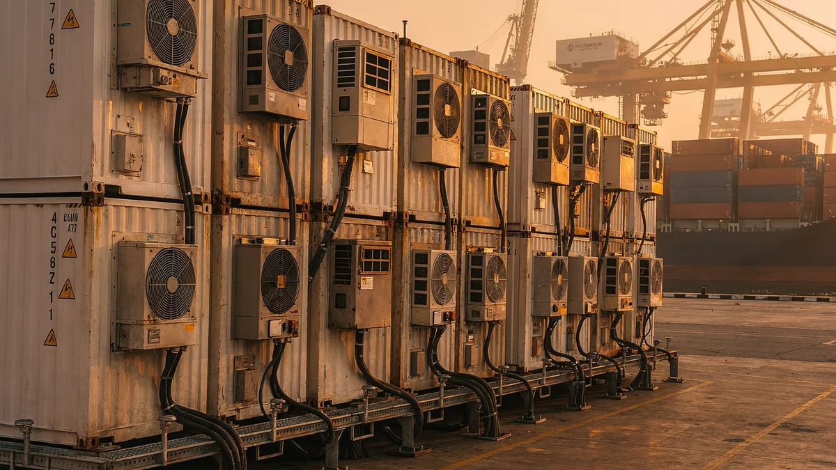 Refrigerated reefer shipping containers stacked at a Malaysian port terminal, plugged into reefer power points with cooling units running