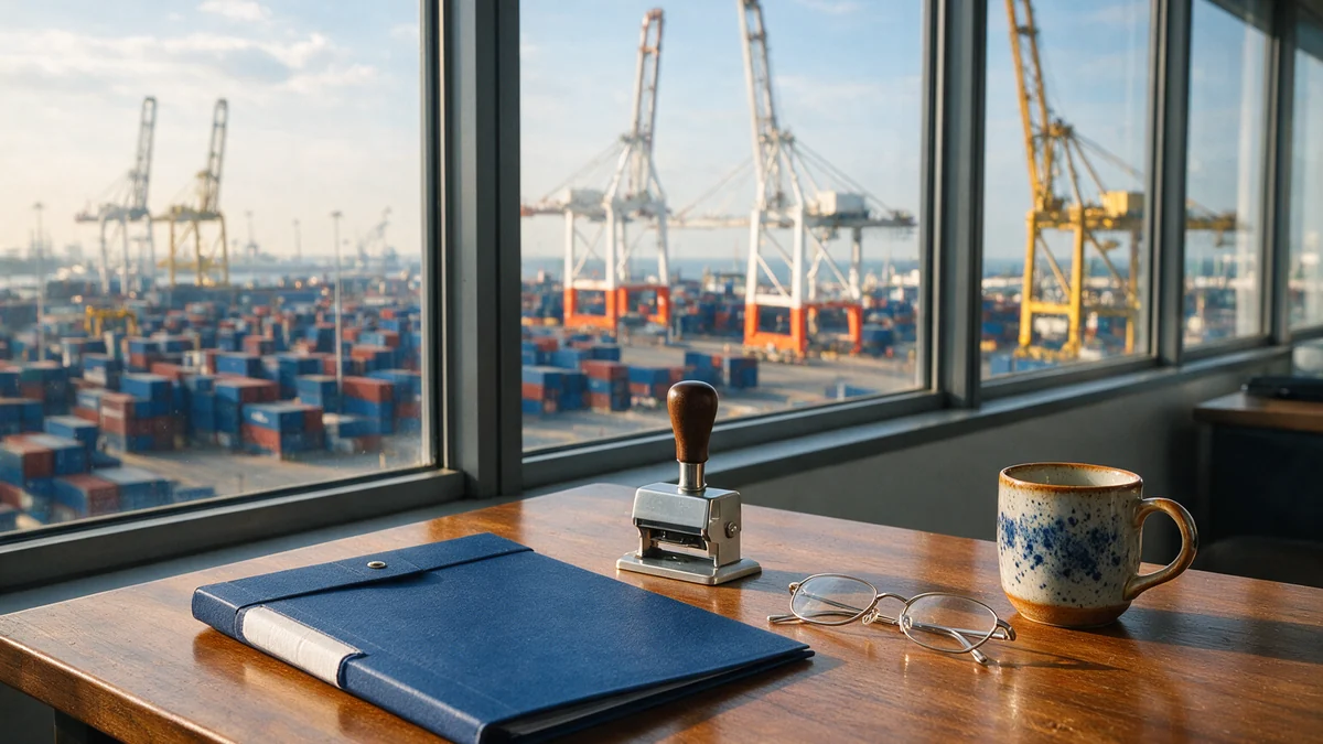 Navy document folder, date stamp and reading glasses on a wooden desk in a freight forwarding office overlooking a Port Klang container yard and gantry cranes