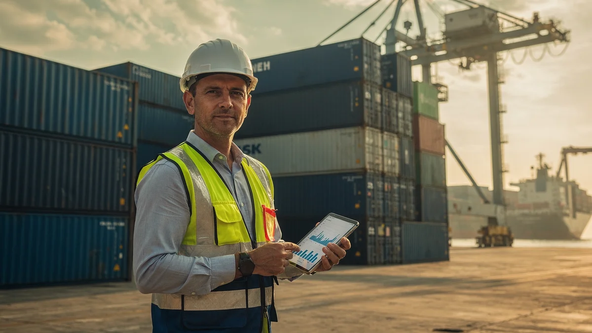 A Port Klang logistics operator reviewing shipment data on a tablet in front of stacked shipping containers and a gantry crane at golden hour