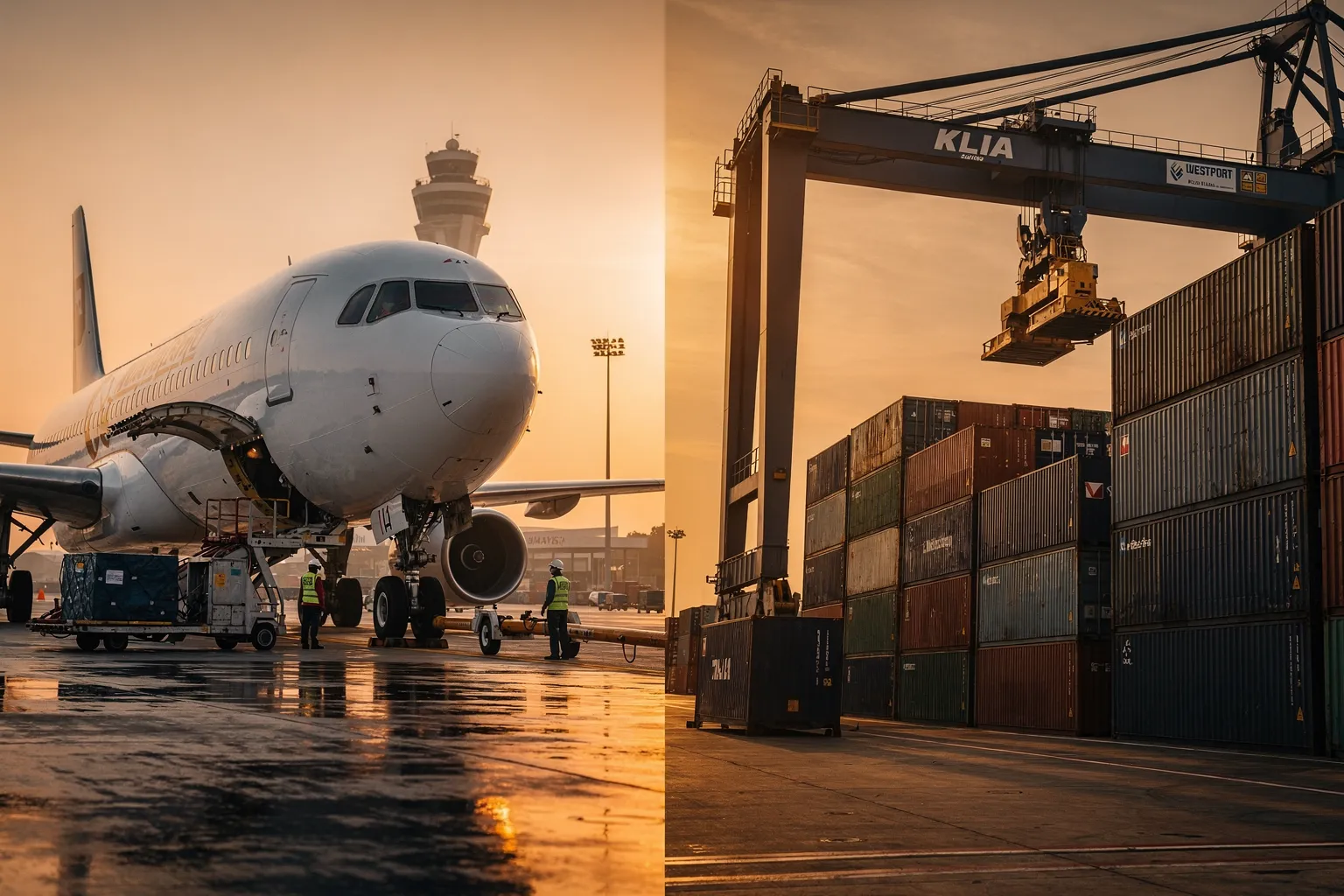 A cargo plane belly hold above a row of stacked 40-foot containers at Port Klang, mode comparison