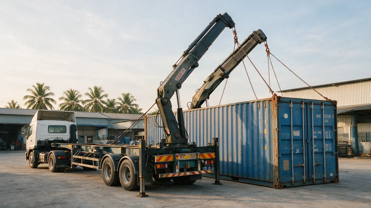 A side loader trailer with its cranes raised over a blue shipping container on a Malaysian industrial yard