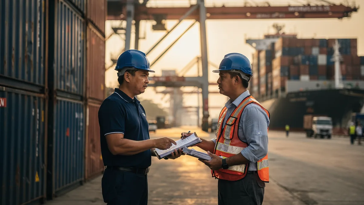 A shipping line agent and forwarder exchanging a bill of lading and Delivery Order at a Port Klang container terminal