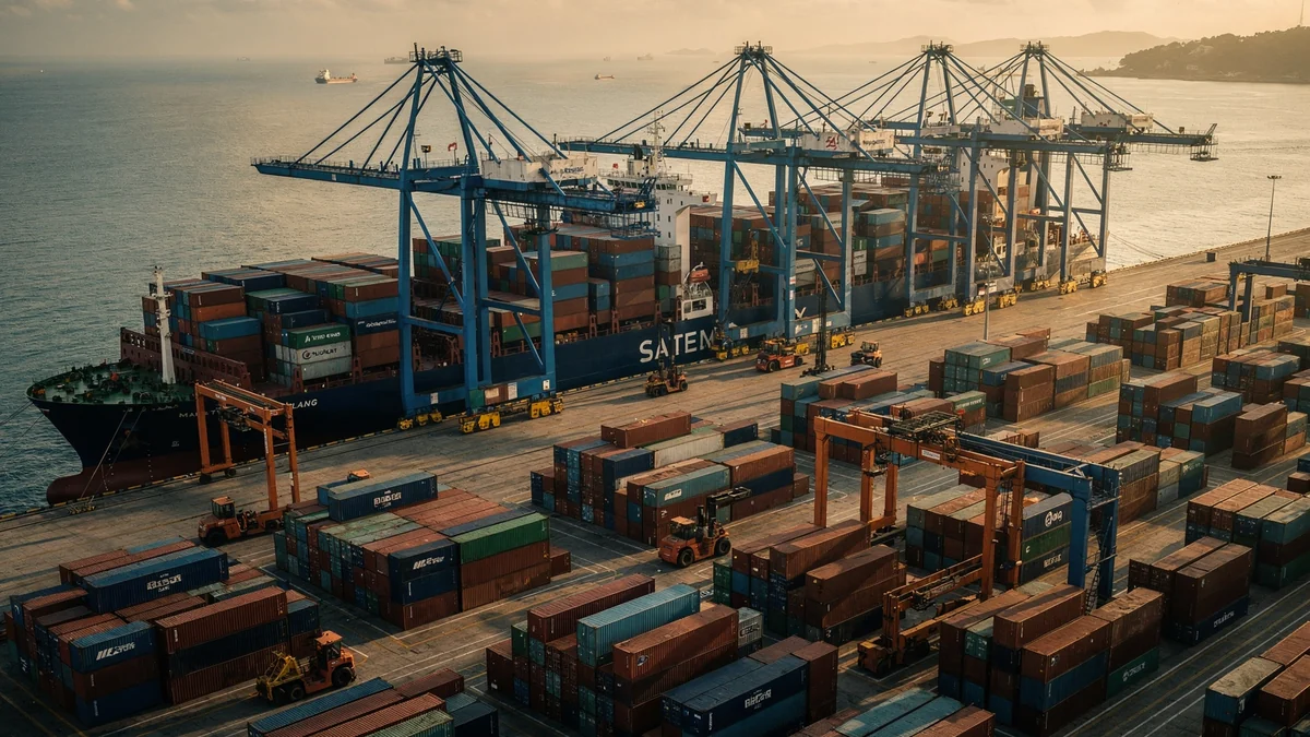 Ship-to-shore gantry cranes transferring containers between vessels at a Port Klang transhipment terminal at golden hour, with a vast yard of stacked shipping containers