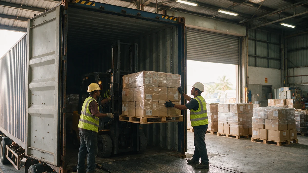 A forklift lifting a pallet of cartons out of a 40-foot shipping container at a container freight station