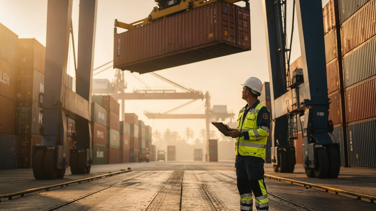 A loaded shipping container being lifted by a ship-to-shore gantry crane over a weighbridge at a Malaysian container port, with a port worker checking weight on a tablet