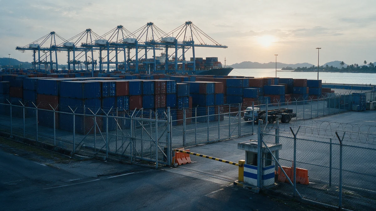 Security fence and customs checkpoint barrier separating a stacked container yard from the inland trucking area at a Malaysian port free zone at sunrise